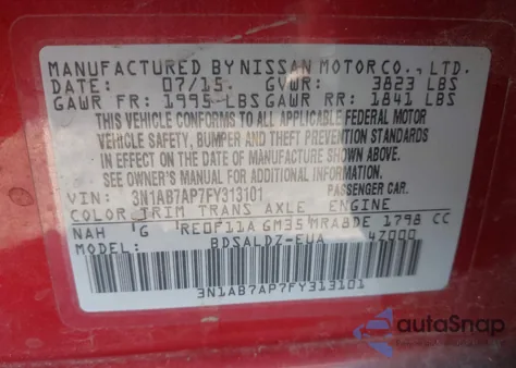 2015 Nissan Sentra Sv from USA, damaged, VIN 3N1AB7AP7FY313101